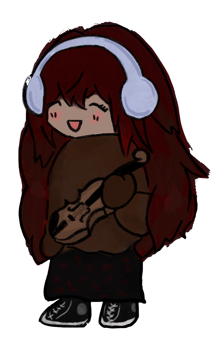 Drawing of Meghai with red hair, headphones, and a violin