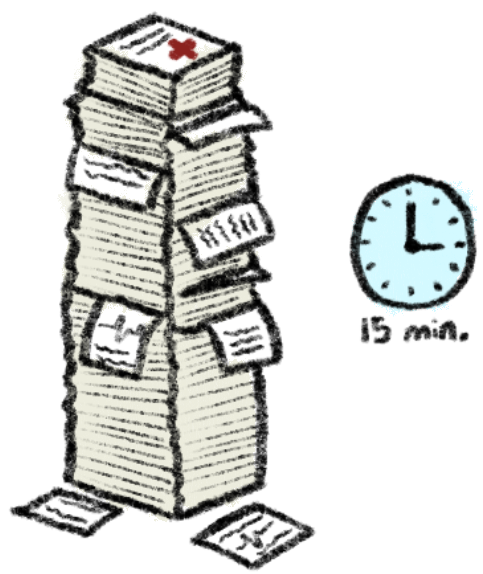 Stack of medical records against a 15 minute clock