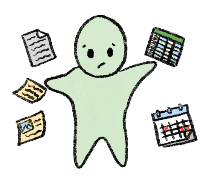 Figure surrounded by scattered notes, docs, and a calendar